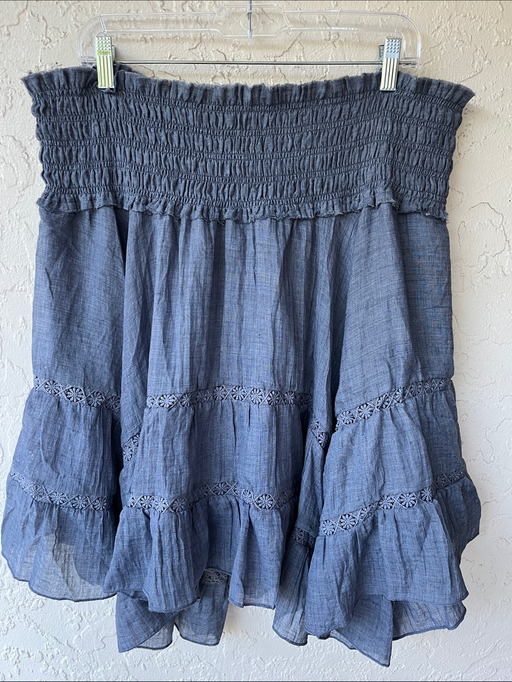 Smocked Waist Lavender/Blue Tiered Ruffle Skirt w/Uneven Pointed Hem-Accent Lace